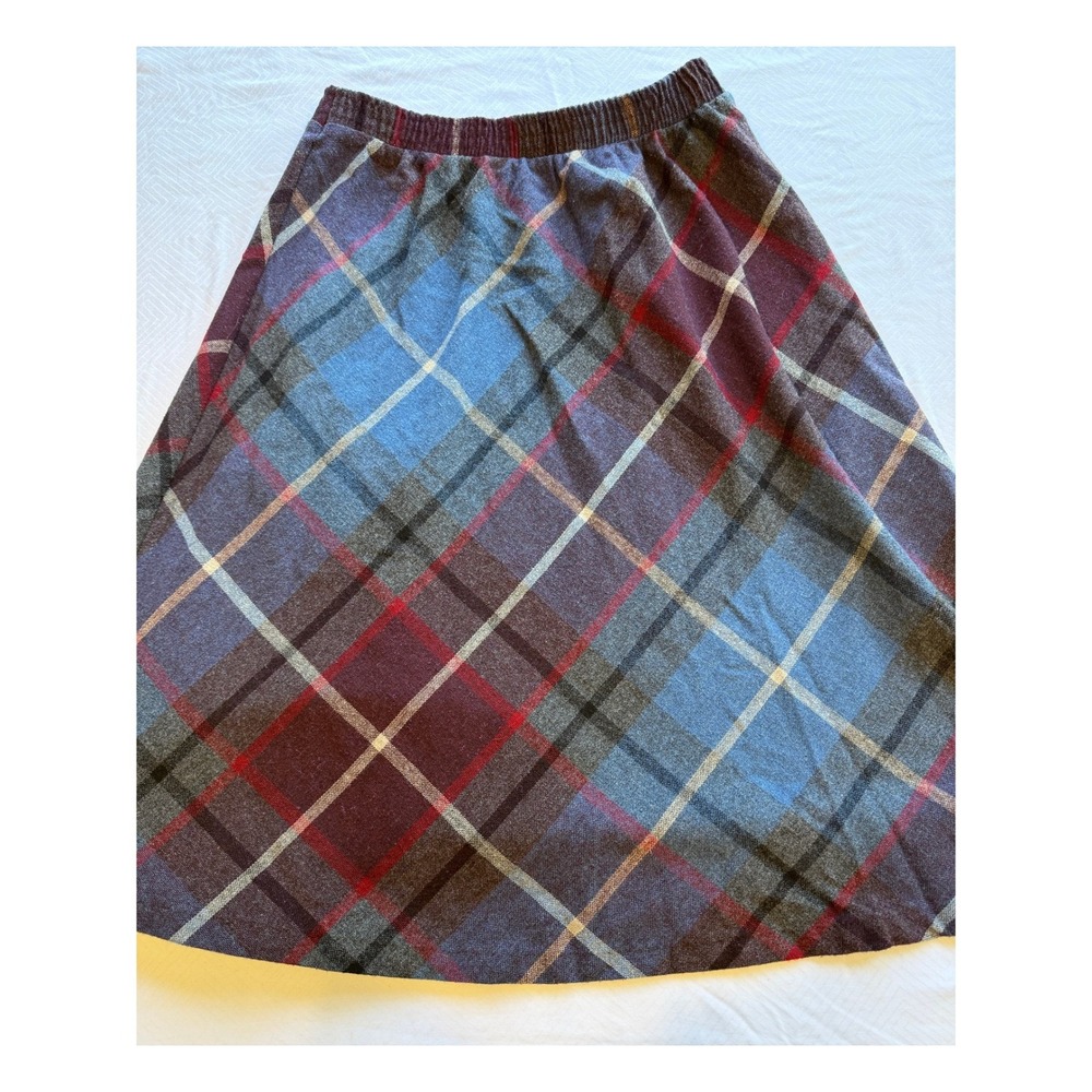Vintage Plaid A-Line Skirt Elastic Waist Granny Core Blue Burgundy Large